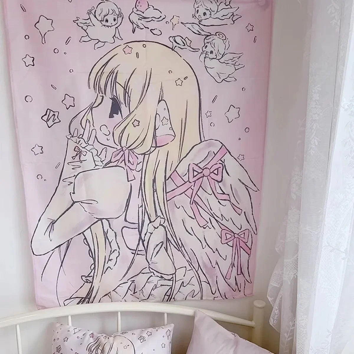tapisserie anime rose fille ailes étoiles ange chambre décoration mur fond opaque