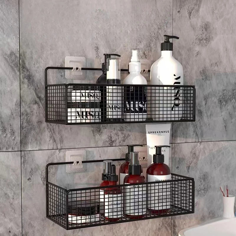 paniers rangement noir maille métallique adhésif moderne salle bain cuisine