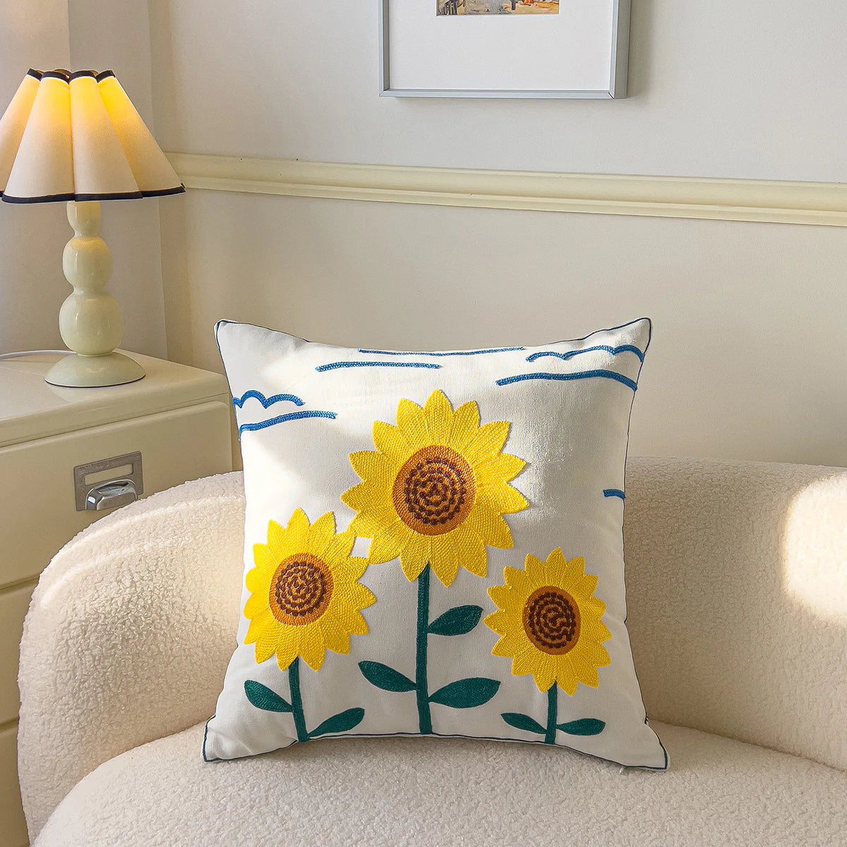 taie d'oreiller carrée fleur motif moderne polyester coton 45x45cm blanc