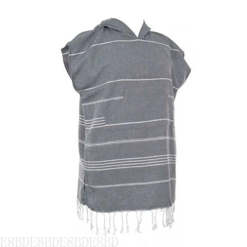 Poncho rayé bleu clair rose pâle gris poncho plage coton polyester poche franges
