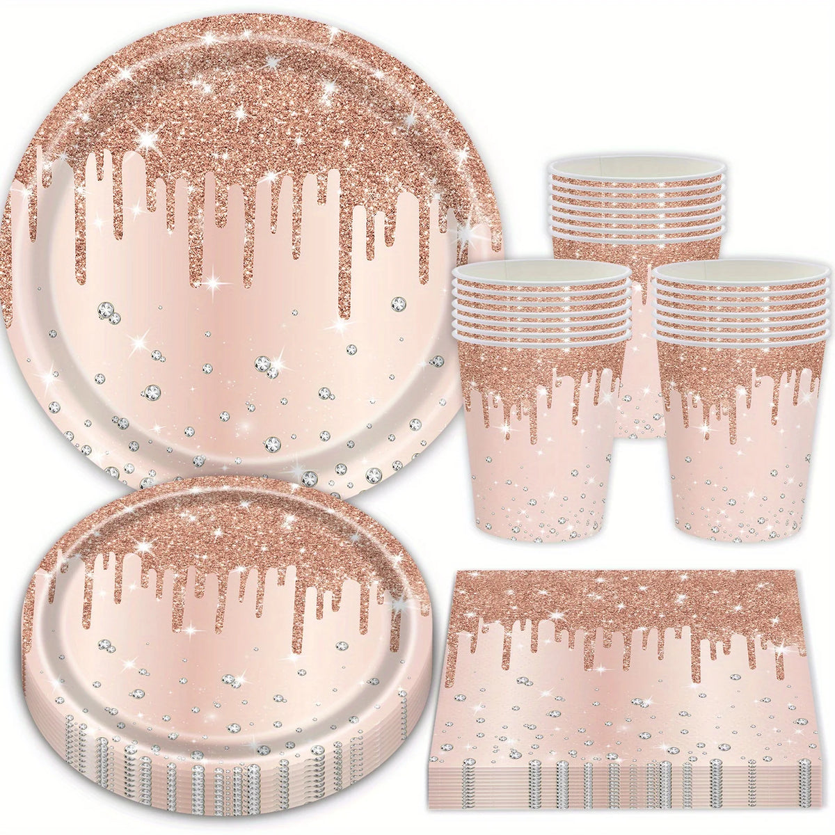 assiettes carton gobelets serviettes papier rose paillettes dorées moderne festif événements célébrations utilisation pratique