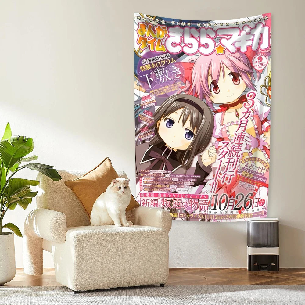 tapisserie anime personnages floraux rose blanche bleue verte jaune polyester rectangle