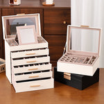 boîte bijoux cuir pu blanc moderne miroir compartiments poignées dorées portable
