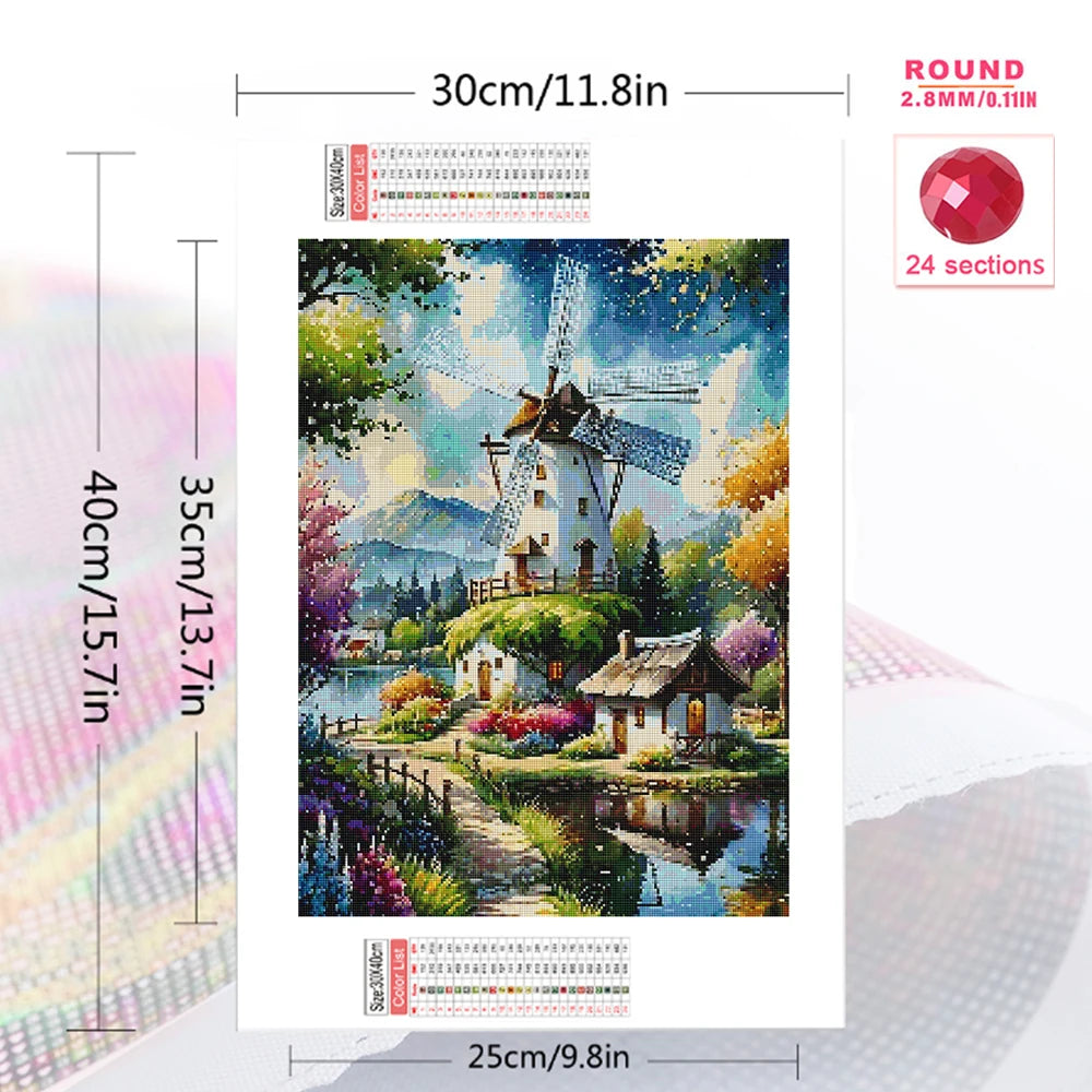 puzzle diamant paysage rural moulin vent maison fleurs arbres lac montagnes blanc vert bleu