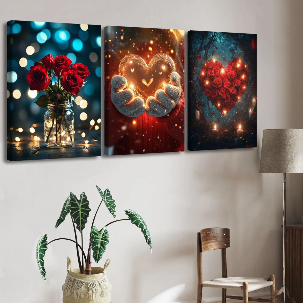 tableaux decoratifs floral motif lumineux roses mains cœur illuminé canapé rose baignoire blanche intérieur