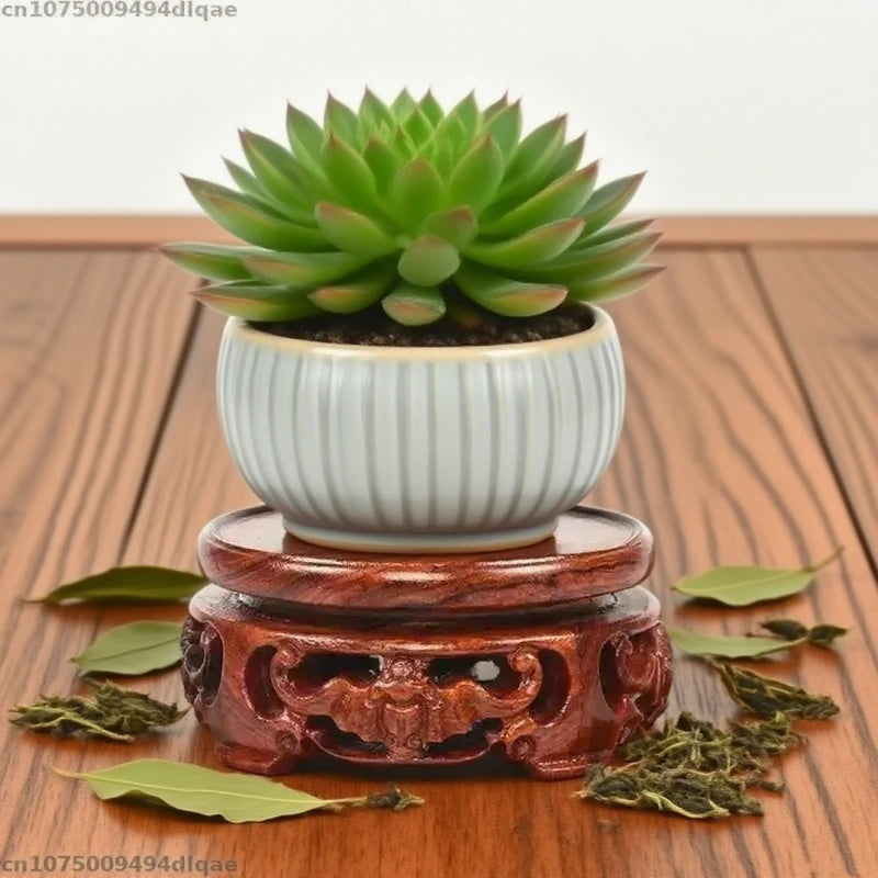 support bois sculpté motifs floraux artisanal decor maison marron foncé tranchant deco vase pot
