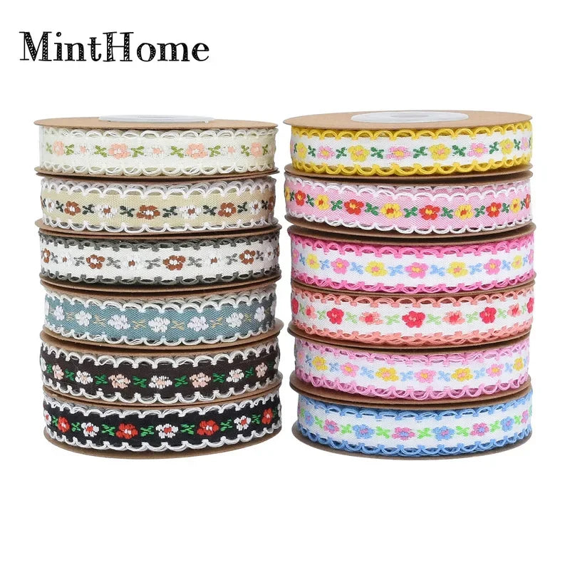 ruban décoratif fleuri vintage blanc noir bleu rose jaune simple complexe bordure dentelée polyester