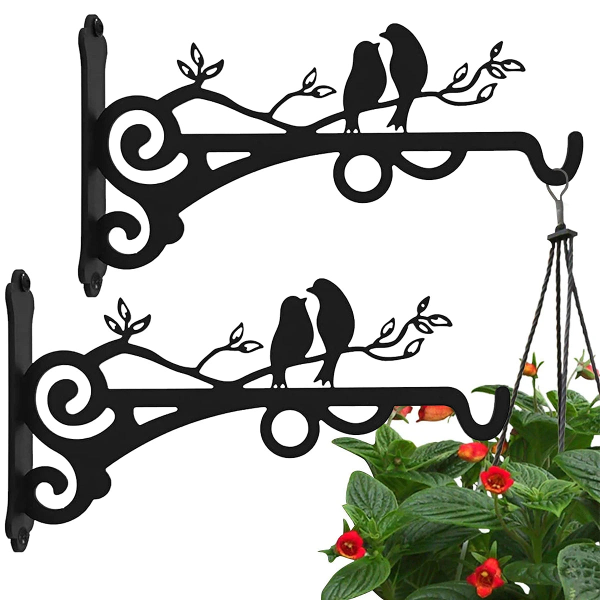 supports murals plantes suspendues noir feuilles oiseaux artisanat chaines pots fleurs