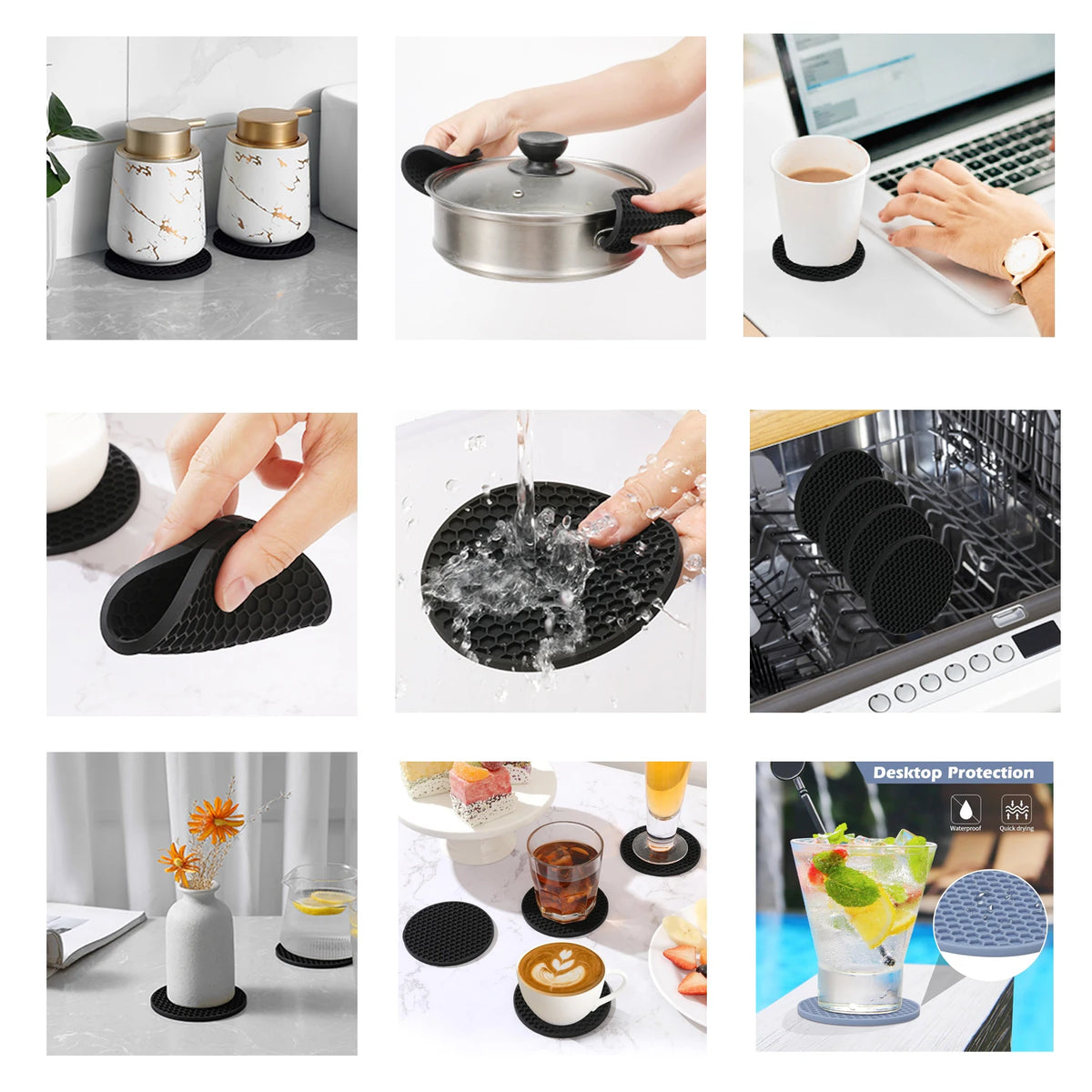 coasters silicone gris moderne antidérapants hexagonaux pack 12pcs tasses chaudes froides respectueux environnement