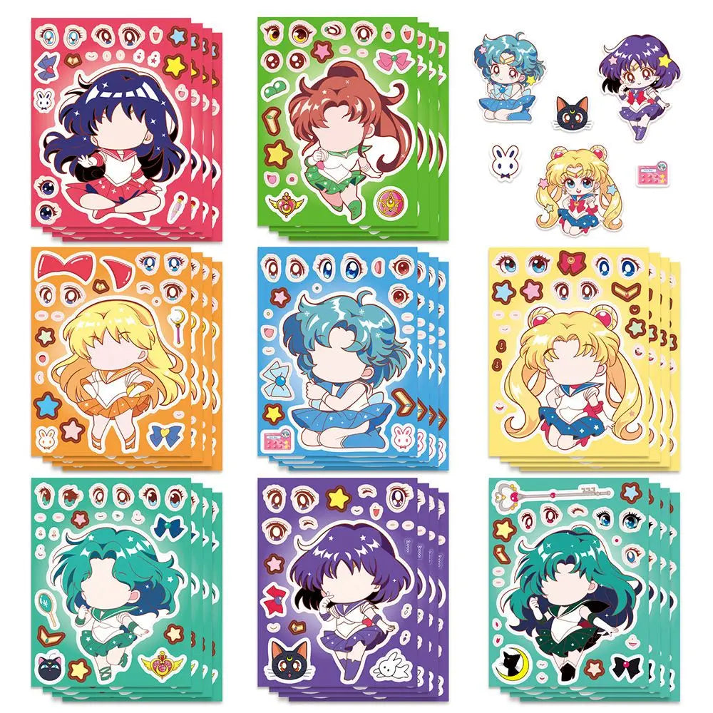 sticker autocollant anime personnages mignon géométrique rouge bleu vert jaune violet décoration bouteille carnet
