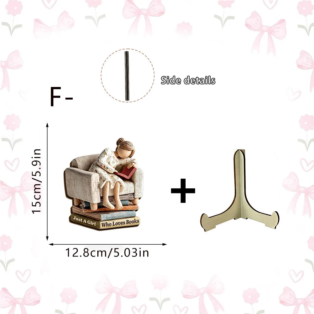 figurines bois fille lecture supports livres fleurs vases tulipes lavande théière bougiesDecorationChampetreSpirituelle