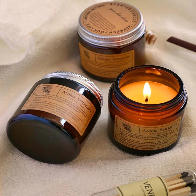 bougies parfumées cire soja marron clair étiquette blanche aromathérapie décoration maison cadeau événementNELLE luxE