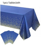 vaisselle jetable moderne assiettes bleu marine fourchette cuillère nappe dorée points festif