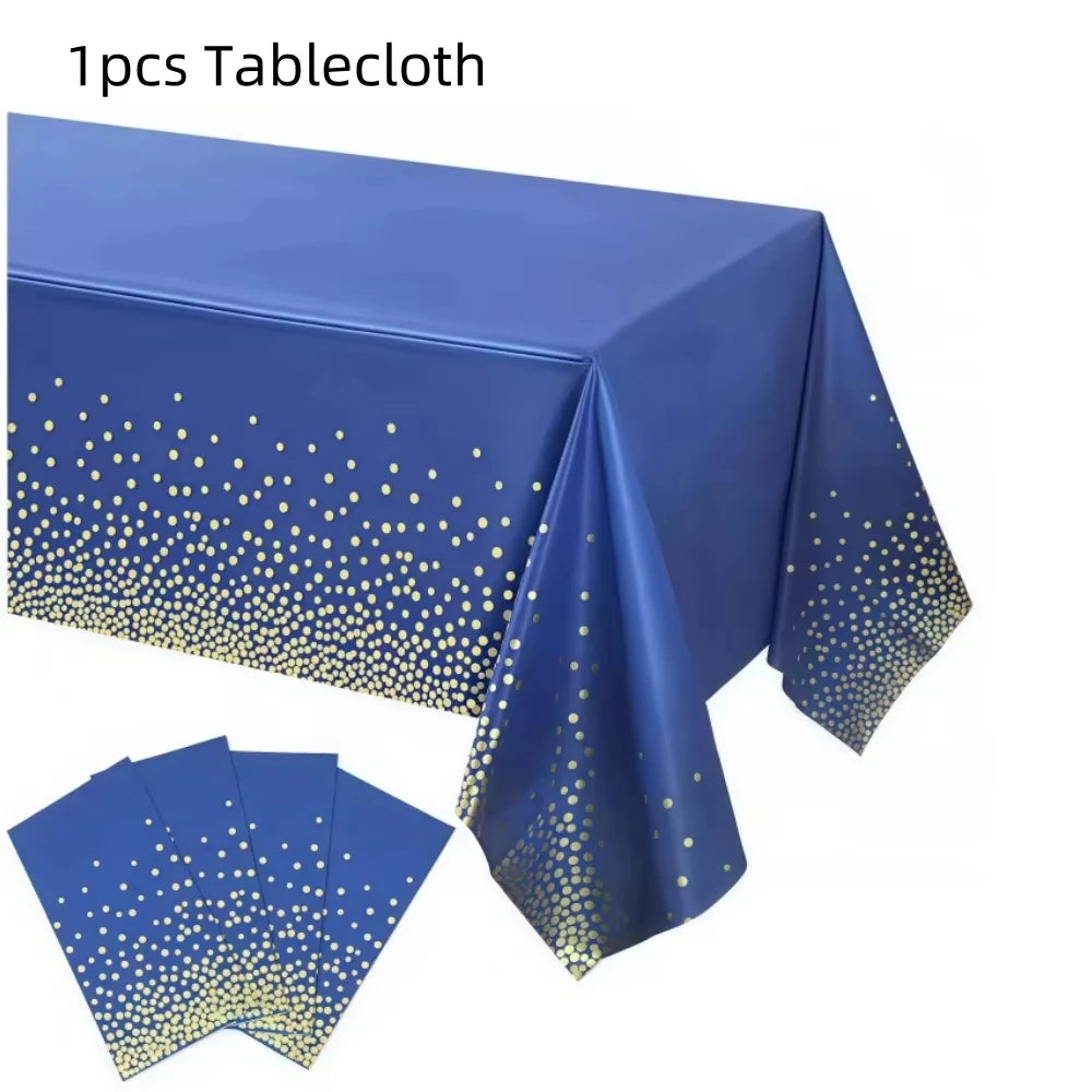 vaisselle jetable moderne assiettes bleu marine fourchette cuillère nappe dorée points festif