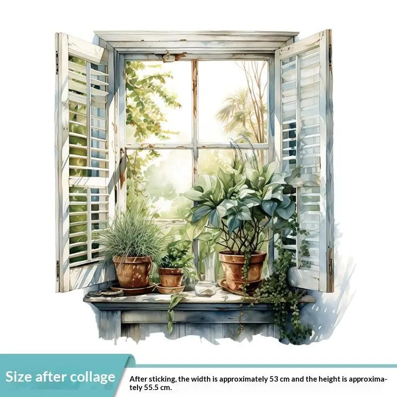 autocollant mural vintage paysage fenêtre volets bleus plantes vertes guirlande fleurs chat niche naturel