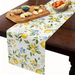 chinois table lin motif floral citrons fleurs feuilles blanc jaune vert bleu decorative rustic
