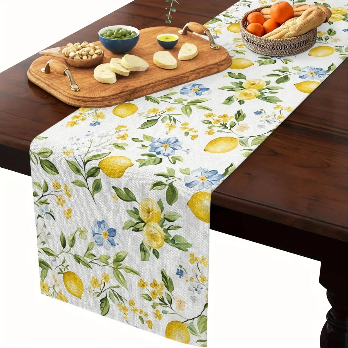 chinois table lin motif floral citrons fleurs feuilles blanc jaune vert bleu decorative rustic