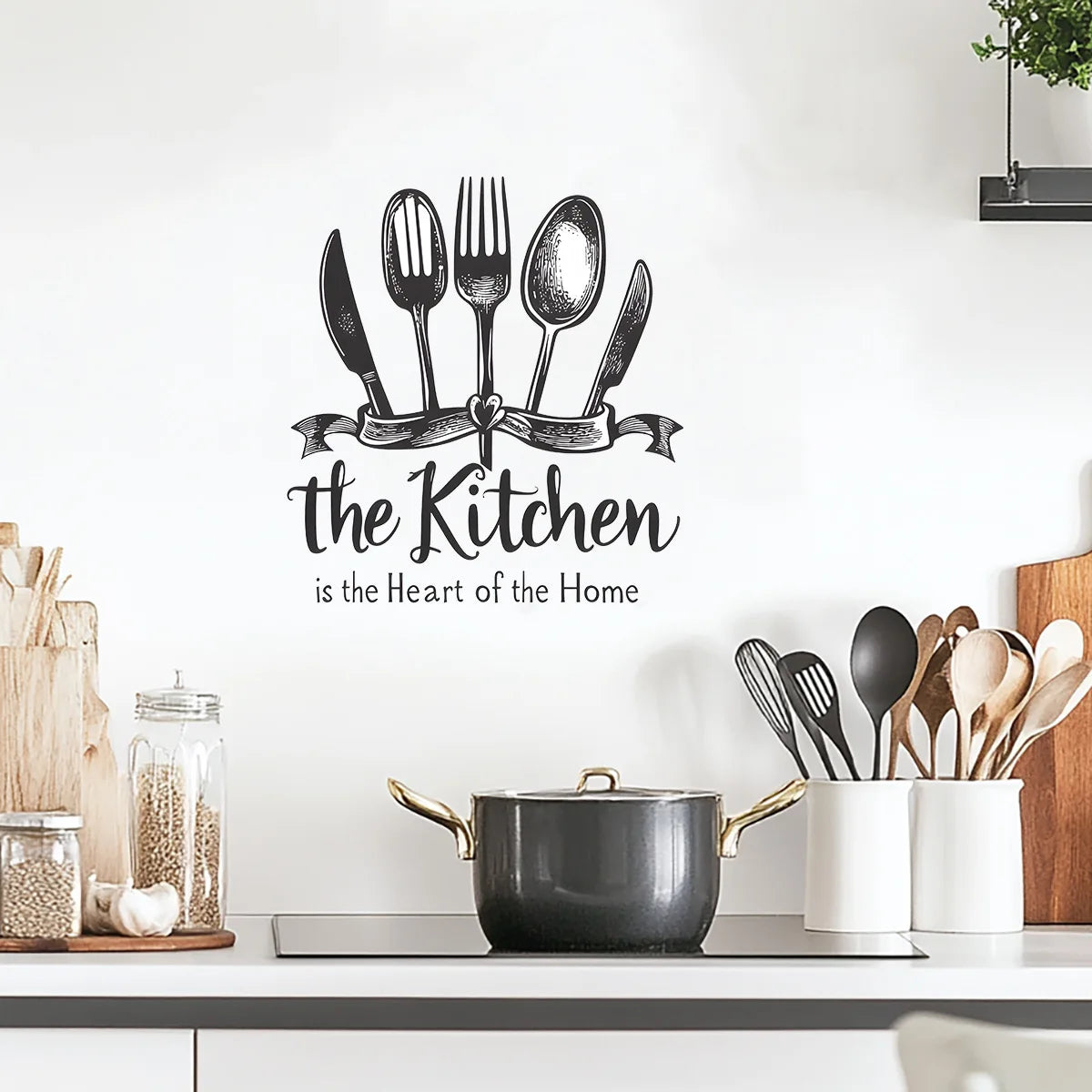 autocollant mural vintage noir couteau fourchette cuillère ruban texte kitchen heart deco amovible vinyl