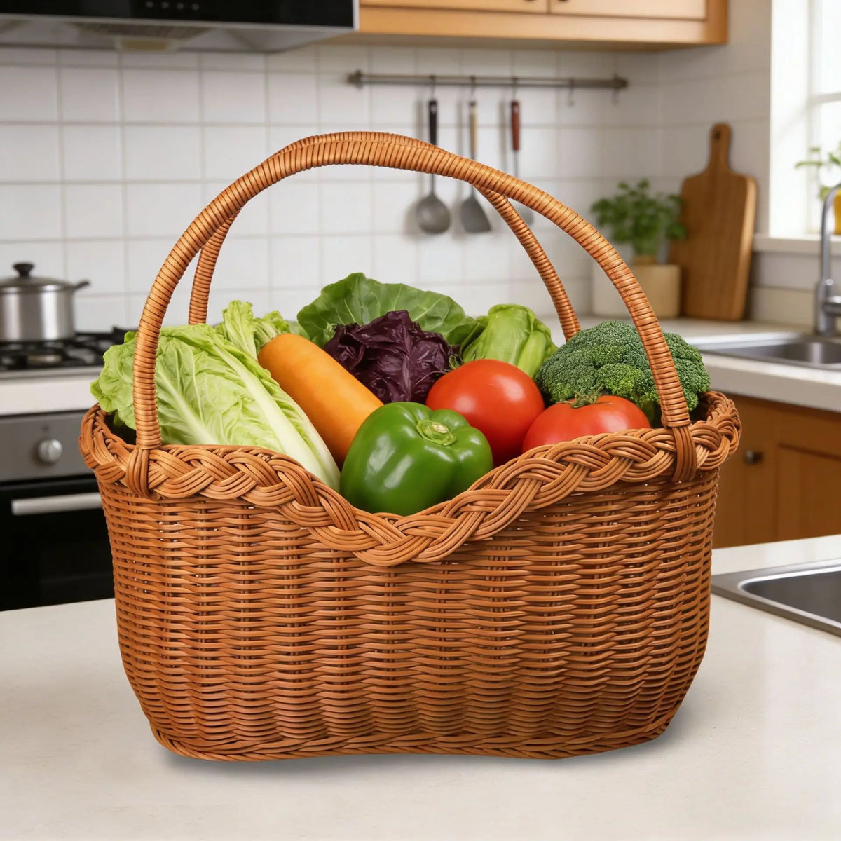 panier tressé marron clair traditionnel réutilisable poignées fruits légumes décoration maison jardin