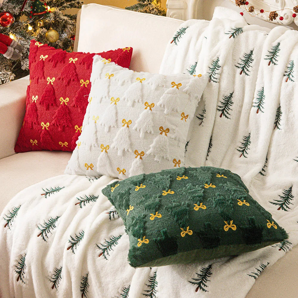 taie d'oreiller décorative motif arbre noël brodé canapé salon fête hiver