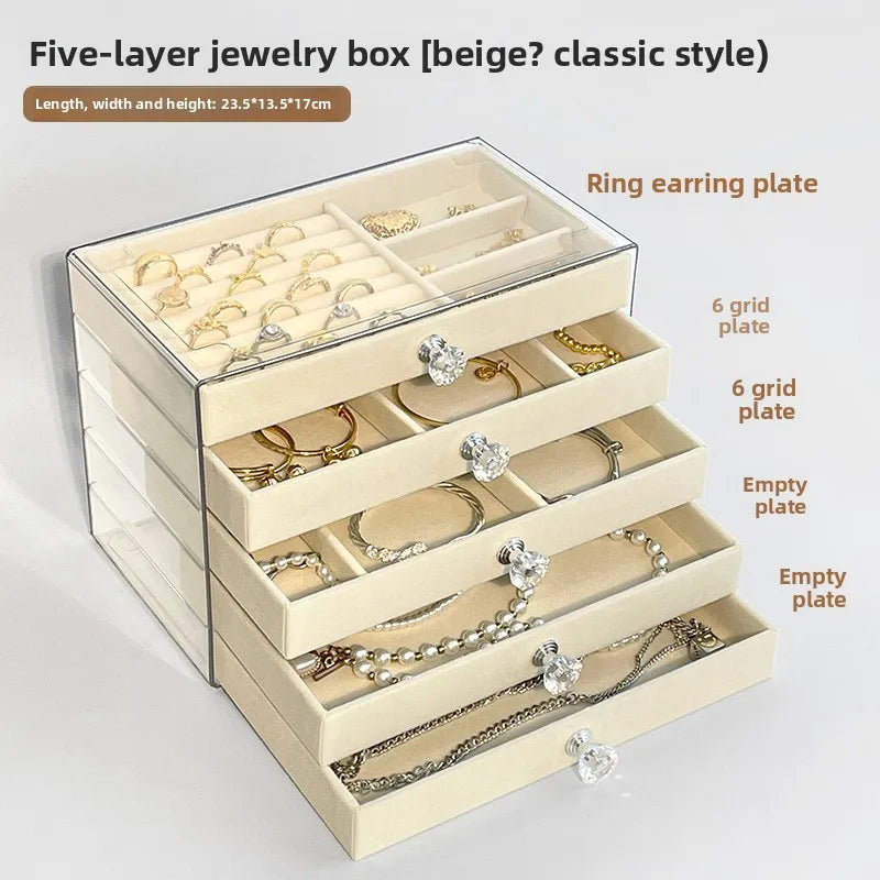 boîte bijoux velours beige clair poignées moderne rangement colliers bagues montres boucles d'oreilles