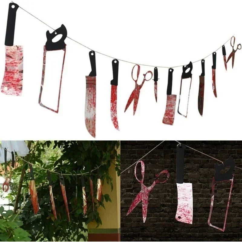 décoration halloween fanion sang rouge noir scies couteaux mains pieds clips festive