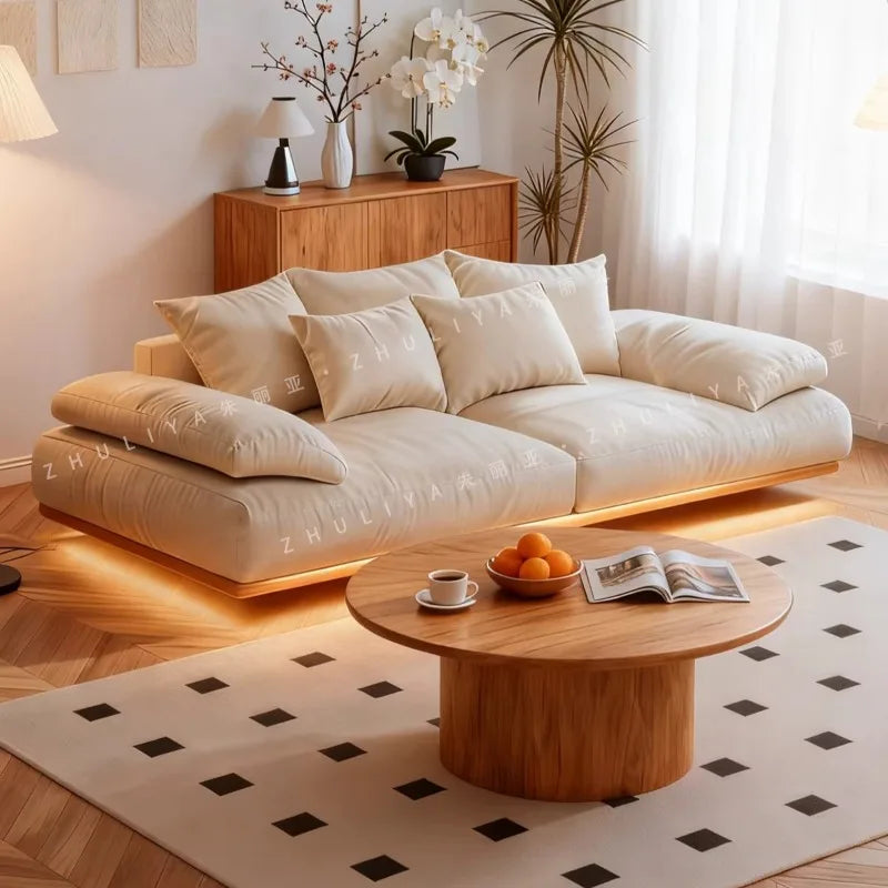 canapé moderne minimaliste beige clair tissu uni coussins relaxants bois frame multifonctionnel salon