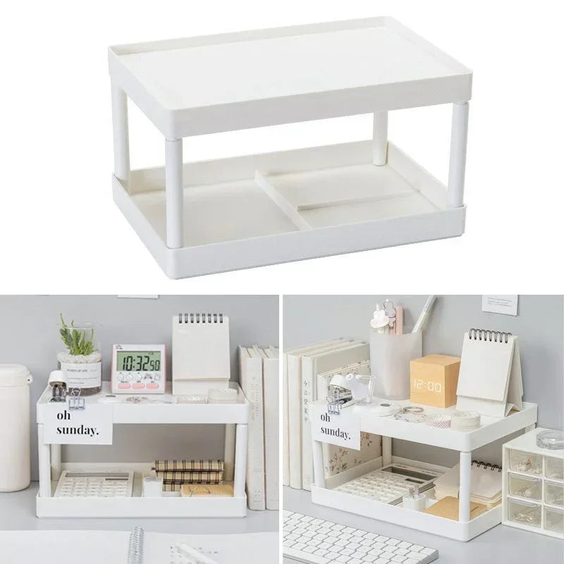 organisateur double niveau blanc moderne rangement stylos carnets calendrier plantes séchées led
