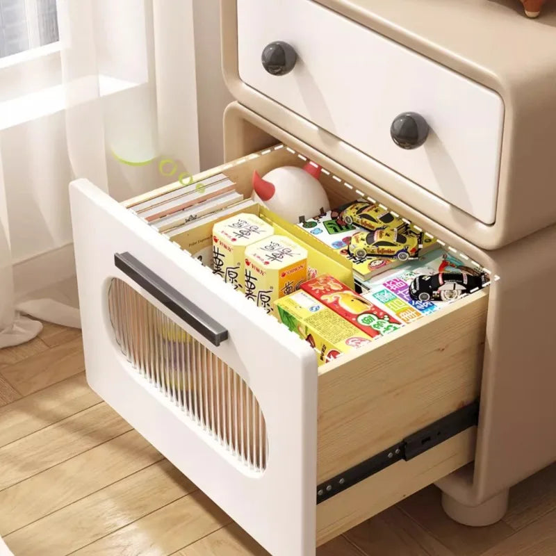 meuble rangement bois massif pin moderne double porte beige clair enfant tiroir grille poignées