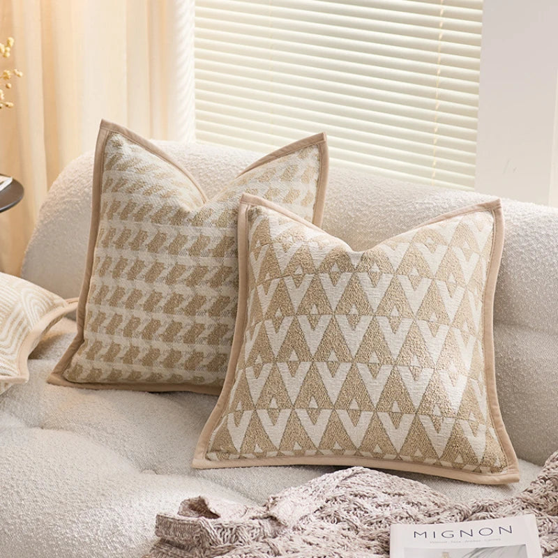 housse coussin carré polyester géométrique moderne beige clair foncé suspension Jacquard décoration maison commerciale