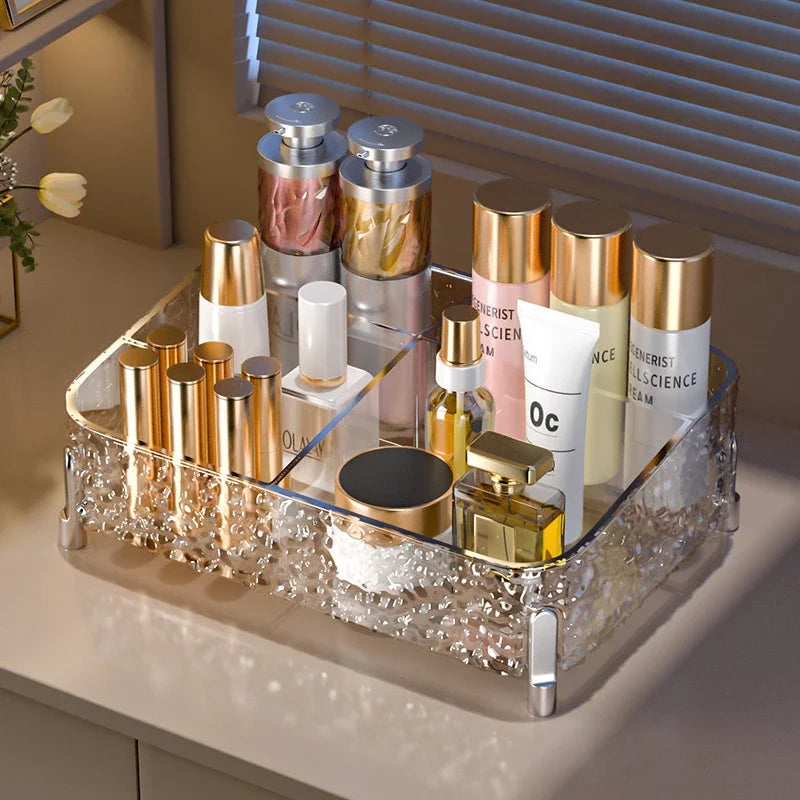organisateur maquillage transparent moderne strass dorés pieds métalliques compartiment divisé fourre tout rechargeable pliable