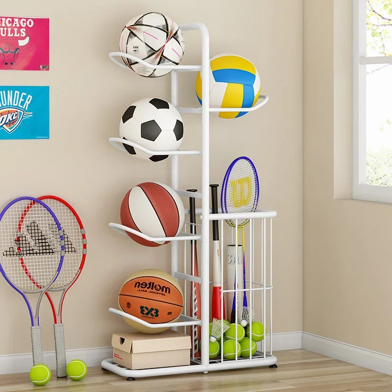 support rangement sport blanc noir doré raquettes balles tennis volleyball moderne minimaliste