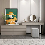 coiffeuse moderne minimaliste bois massif rangement tiroirs miroir tabouret gris clair plateau motif geometrique