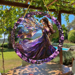 cadre circulaire boho violet noir doré fleurs papillons étoiles opalescent elfes suspension 20cm