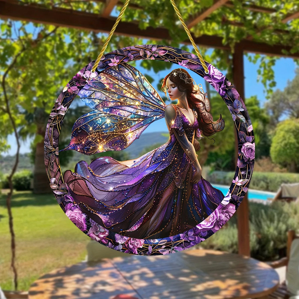 cadre circulaire boho violet noir doré fleurs papillons étoiles opalescent elfes suspension 20cm