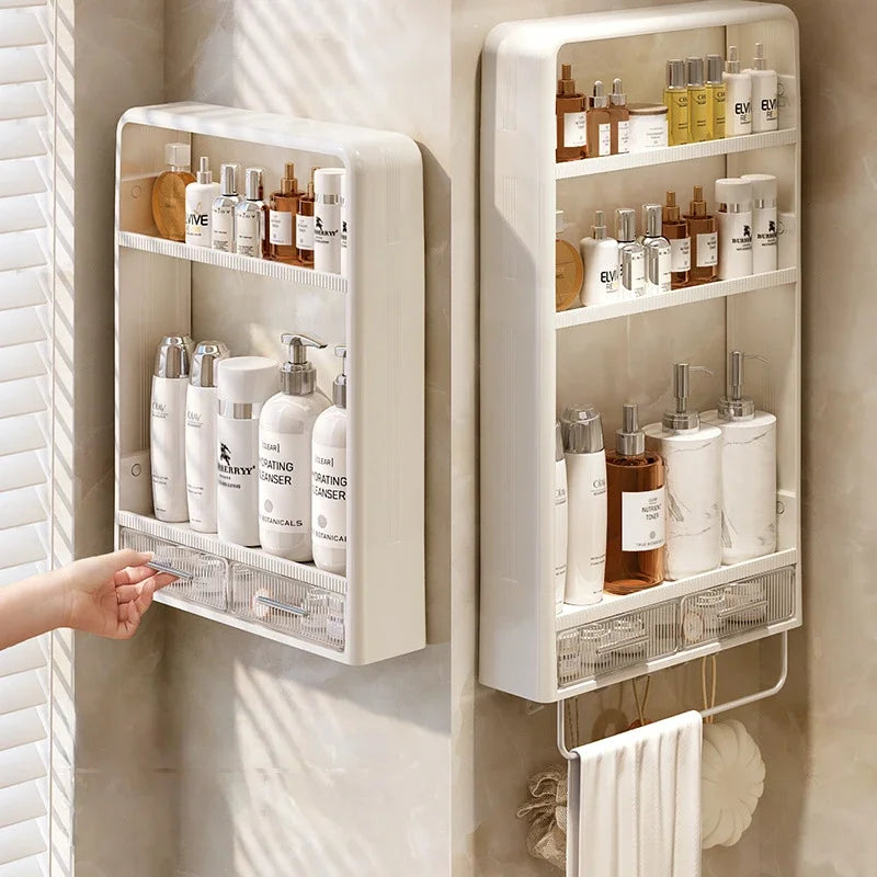 rangement mural blanc moderne étagères cosmétiques toilettieracks adhésif bouteilles serviettes organizer kitchen shelves respectueux