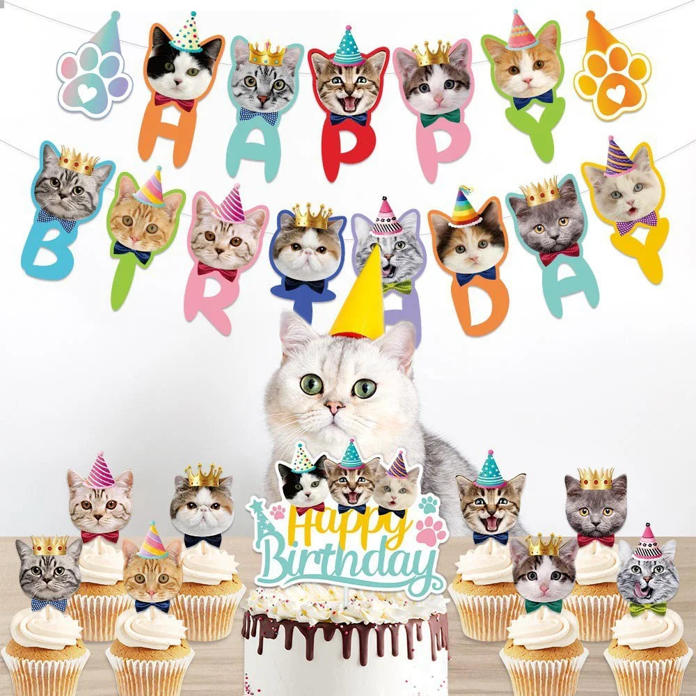 décoration fête chat multicolore lettres happy birthday animaux festives spirales