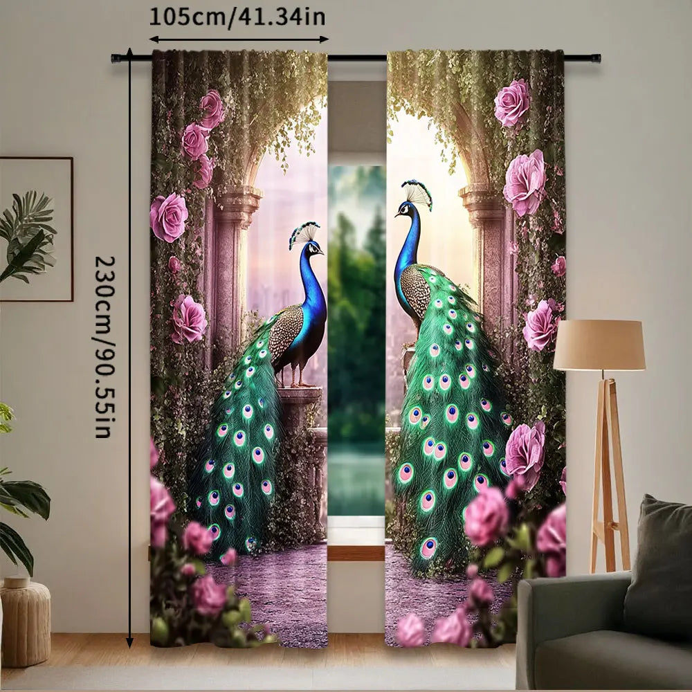 rideau classique paon roses feuilles vert bleu rose beige opacité chambre salon