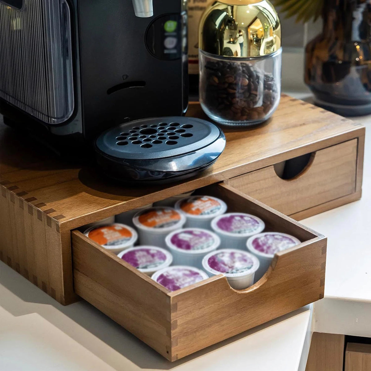 boîte rangement tasses bois naturel moderne minimaliste tiroirs capsules rangement kitchen organizer