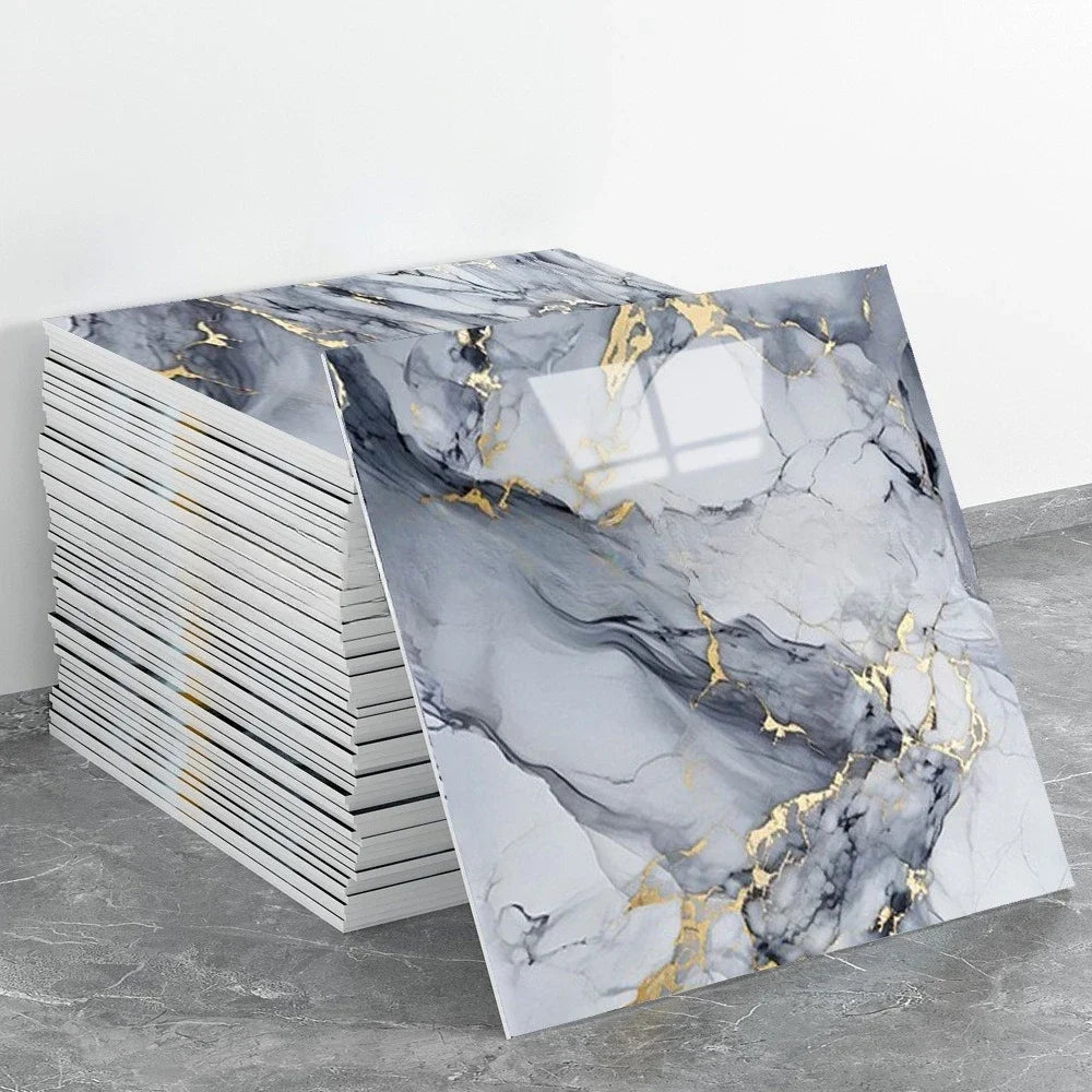 carreaux sol muraux adhésifs imitation marbre blanc gris veines dorées modernes