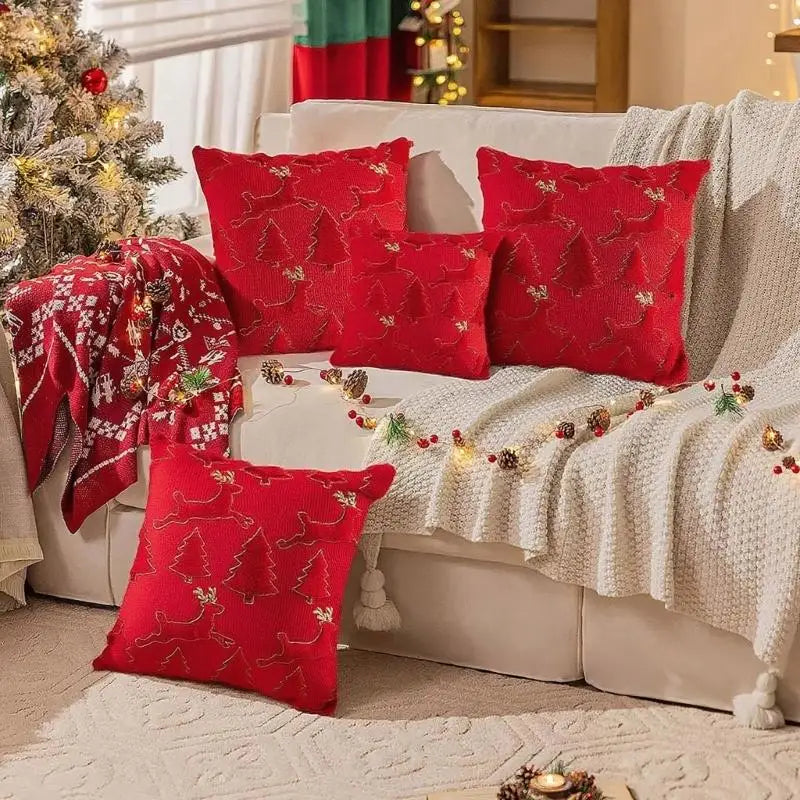 coussins oreiller motif noel sapins rennes dorés coton polyester rouge festif chambre salon lit
