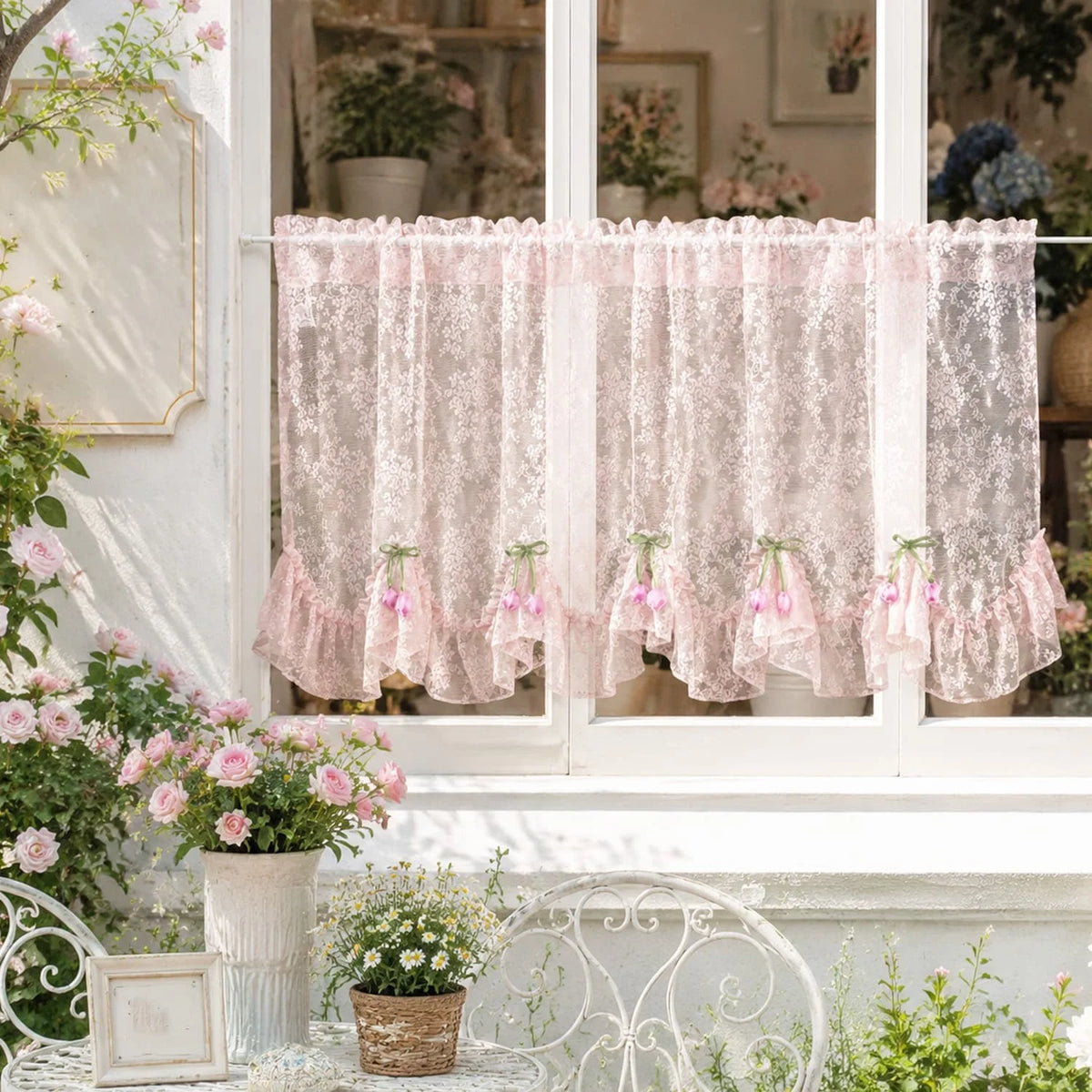 rideau fenêtre cuisine rose clair dentelle tulipe vintage romantique ruffles hem vert