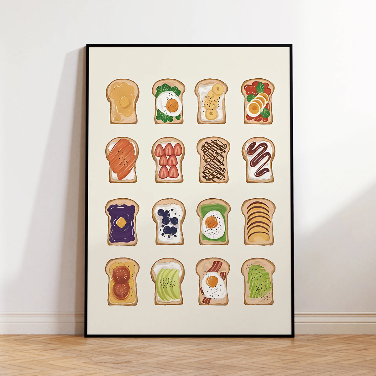 affiche moderne illustrations pain garnitures beige marron vert bleu orange blanc cadre épais salon