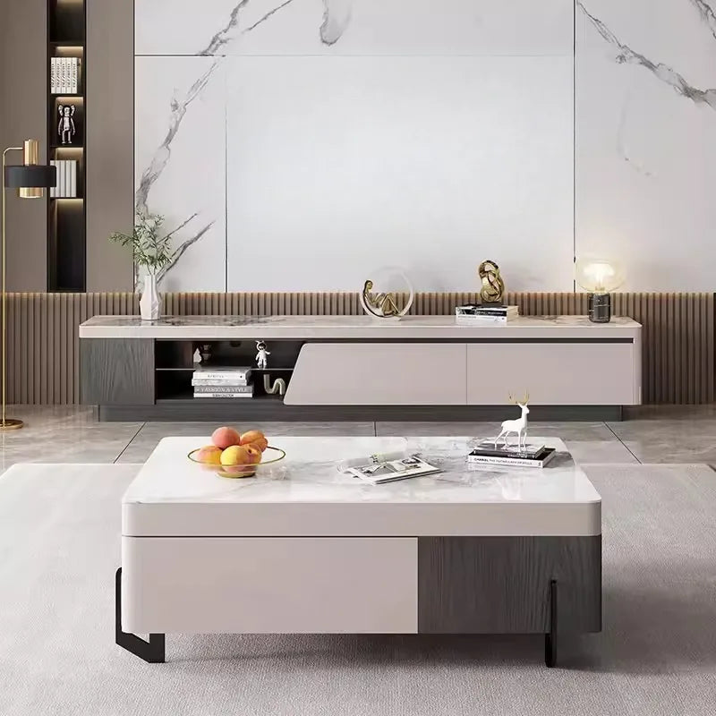 table basse moderne marbre blanc gris pieds noirs fruits magazine vase