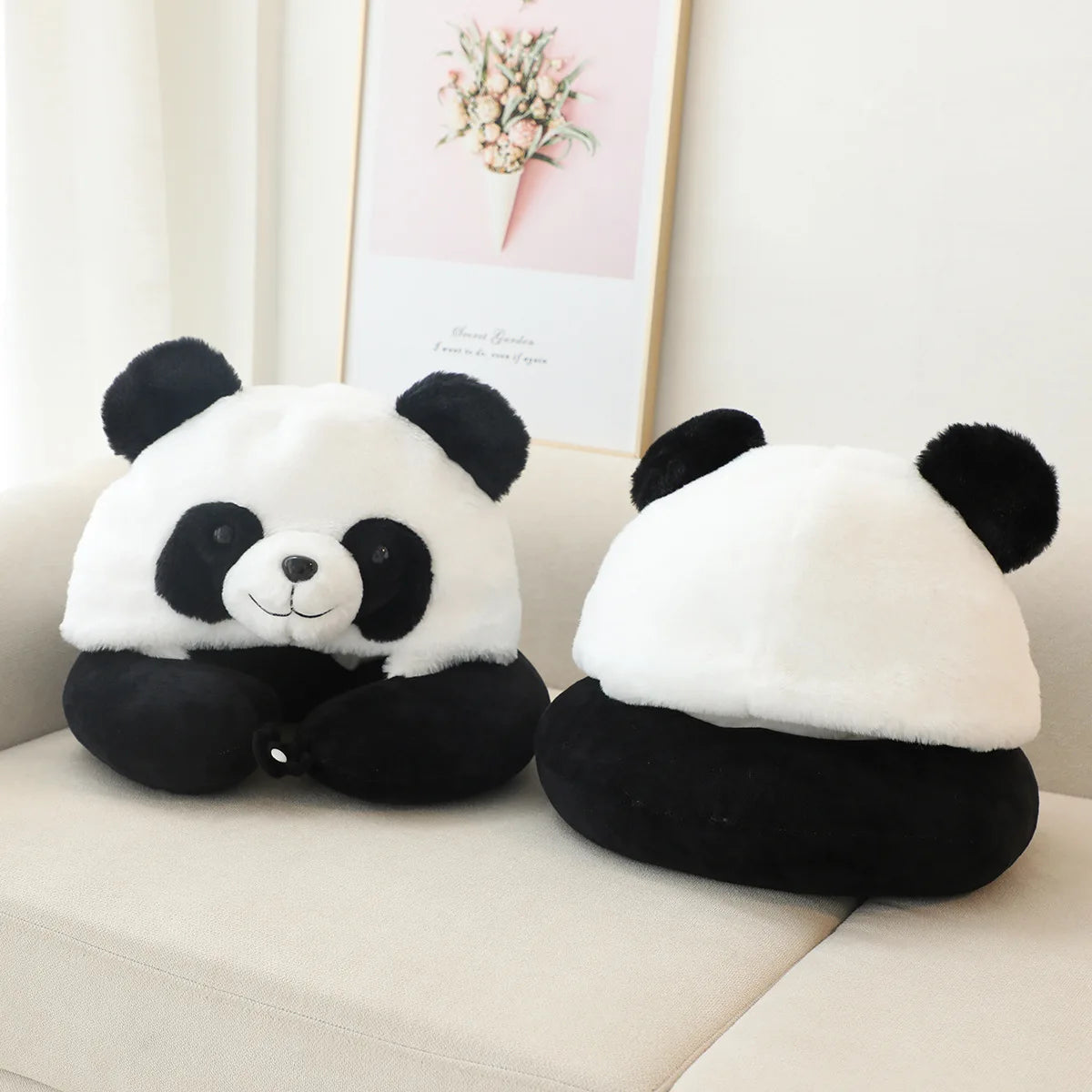 coussin voyage forme panda blanc noir peluche doux créatif mignon bouton pression portable sieste