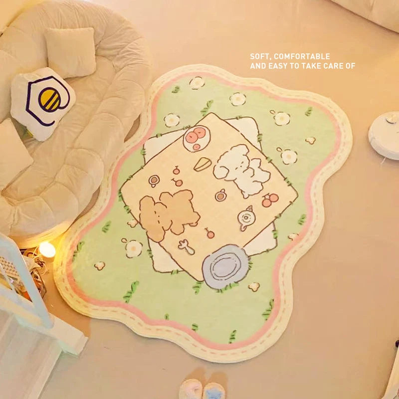 tapis dessin animé ours fruits fleurs vert clair rose pâle beige antidérapant confortable intérieur