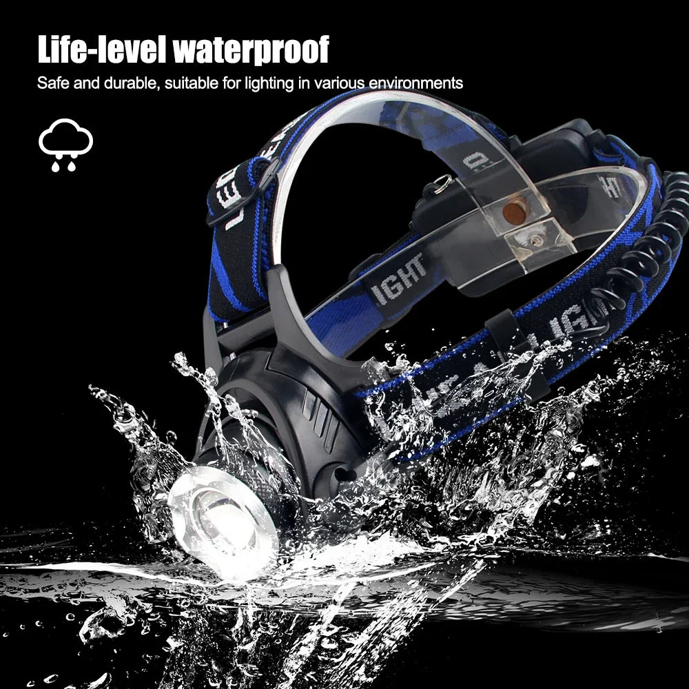 lampe frontale led noir bleu tissu logo clip verre transparent moderne camping
