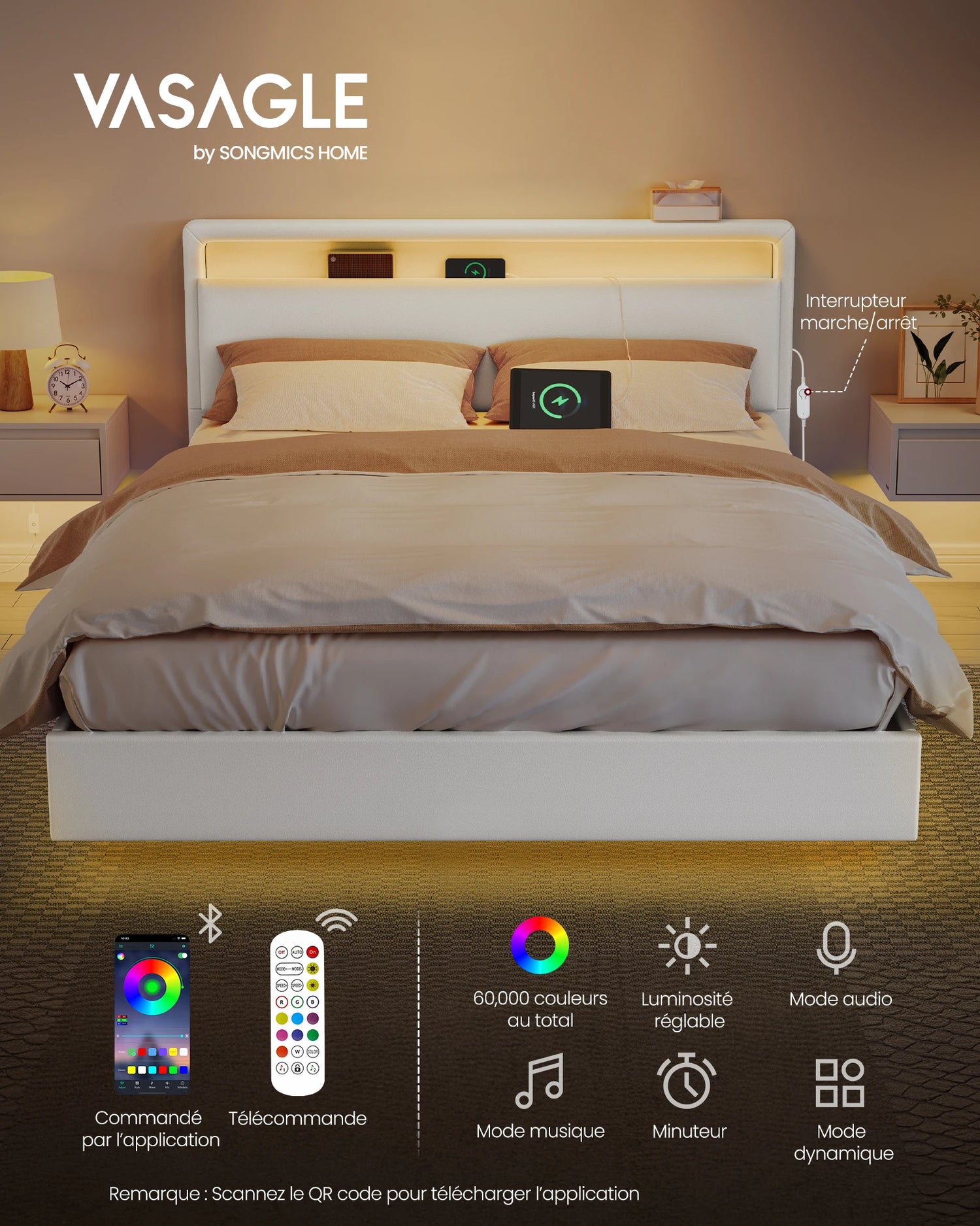 Lit flottant blanc nuage avec éclairage LED dans une chambre moderne