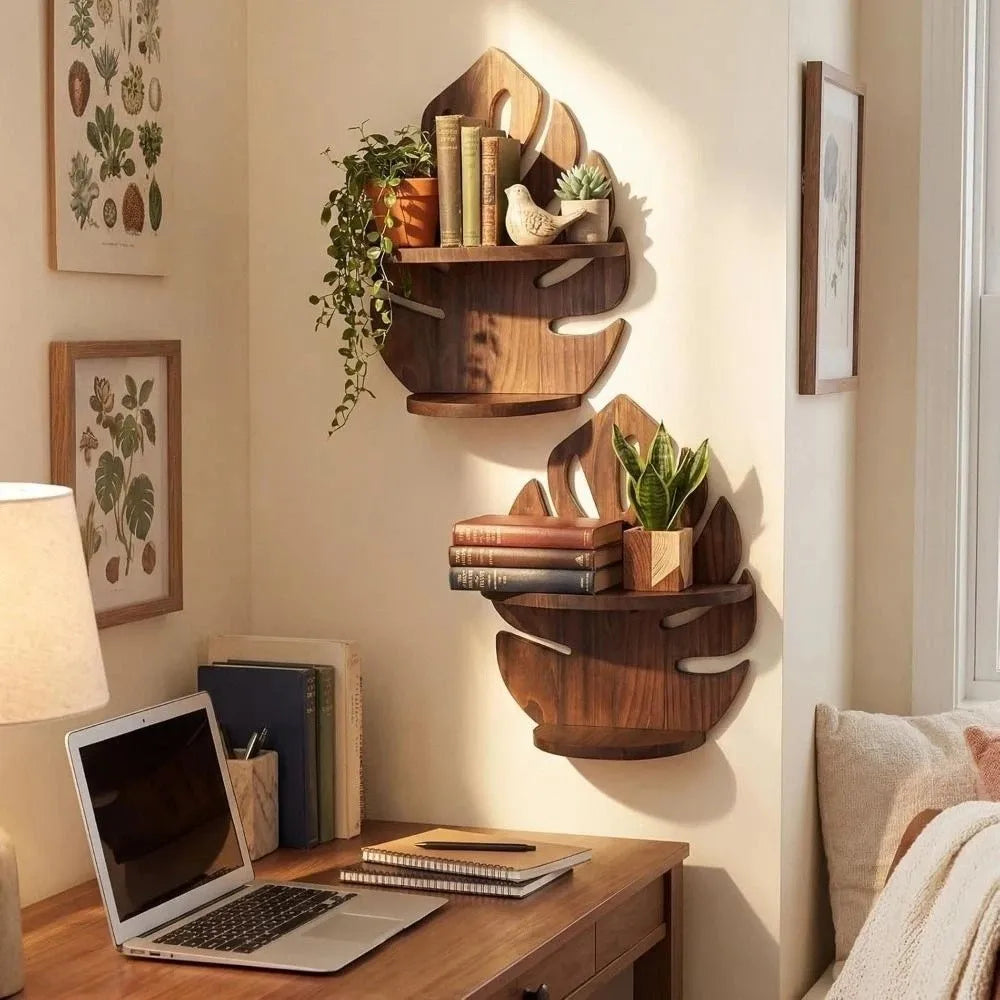 étagère murale bois moderne feuille stylisée marron foncé support rangement photo livre salon deco