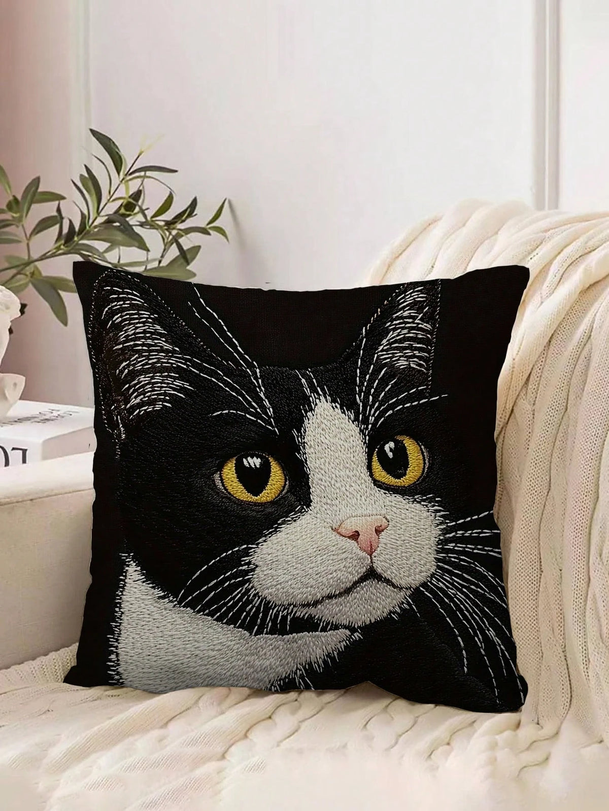 coussin carré moderne imprimé visage chat noir blanc 45cm 45cm polyester doux